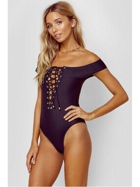 Blue Life Black Off-Shoulder Lace-Up One-Piece Swim